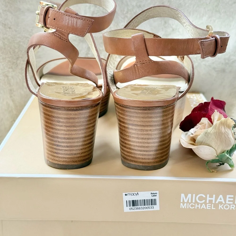 New with tags MICHAEL KORS JALITA CHARM platform SANDAL color, “Luggage”Leather - Picture 9 of 16